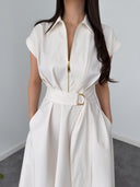 Elegant Cream White Shirt Style Midi Dress