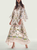 Exquisite Flared Sleeve Floral Print Satin Maxi Dress