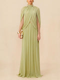 High Neck Pleated Cape Formal Maxi Dress