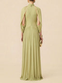 High Neck Pleated Cape Formal Maxi Dress