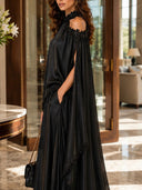 Elegant Lace-Trim Cape Sleeve Satin Pants Set