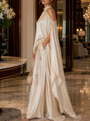 Elegant Lace-Trim Cape Sleeve Satin Pants Set