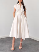 Elegant Cream White Shirt Style Midi Dress