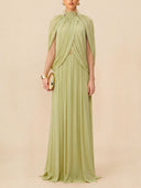 High Neck Pleated Cape Formal Maxi Dress