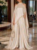 Elegant Lace-Trim Cape Sleeve Satin Pants Set