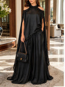 Elegant Lace-Trim Cape Sleeve Satin Pants Set