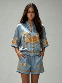 Exquisite Satin Horse Print Zip-Up Shirt & Shorts Set
