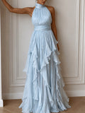 Elegant Backless Ruched Tiered Ruffle Maxi Dress