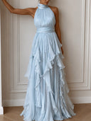 Elegant Backless Ruched Tiered Ruffle Maxi Dress
