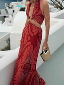 Casual Tribal Print Halter Cutout Maxi Dress