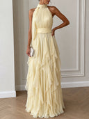 Elegant Backless Ruched Tiered Ruffle Maxi Dress