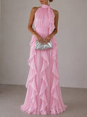 Elegant Backless Ruched Tiered Ruffle Maxi Dress