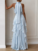 Elegant Backless Ruched Tiered Ruffle Maxi Dress
