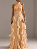 Elegant Backless Ruched Tiered Ruffle Maxi Dress