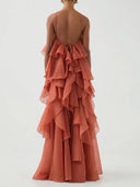 Elegant  3D Flower Ruffle Halter Maxi Dress