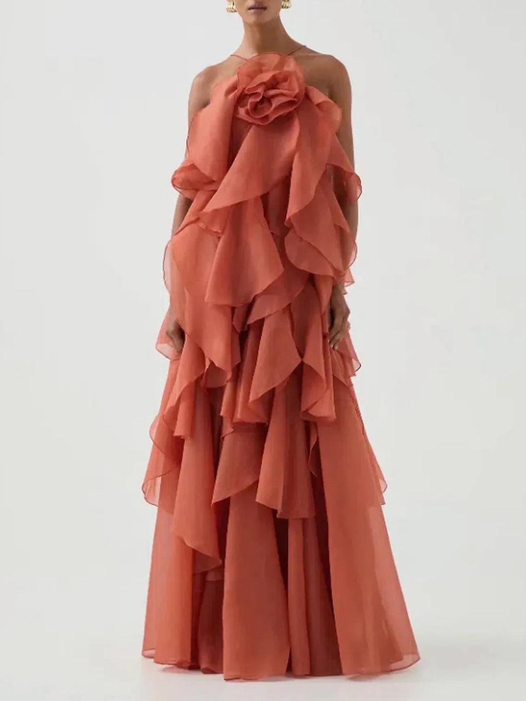 Elegant  3D Flower Ruffle Halter Maxi Dress