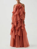 Elegant  3D Flower Ruffle Halter Maxi Dress