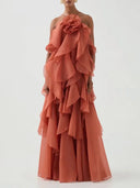 Elegant  3D Flower Ruffle Halter Maxi Dress
