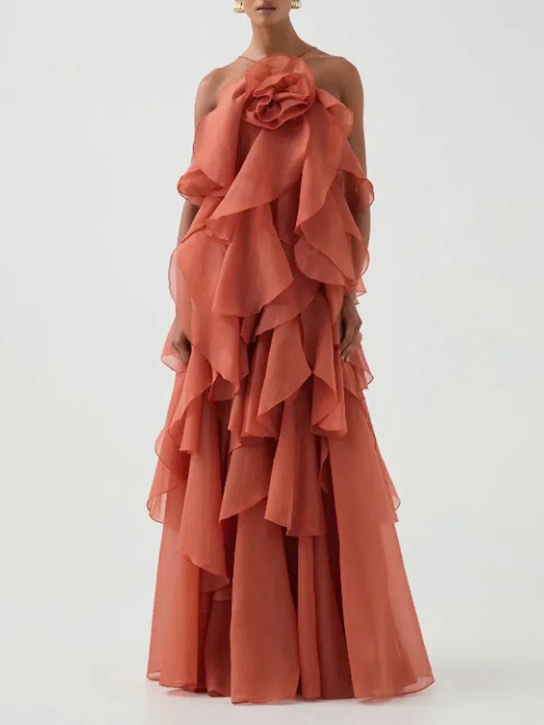 Elegant  3D Flower Ruffle Halter Maxi Dress