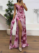 Elegant Watercolor Floral Ruched High Slit Maxi Dress