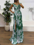 Elegant Watercolor Floral Ruched High Slit Maxi Dress