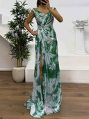 Elegant Watercolor Floral Ruched High Slit Maxi Dress