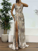 Elegant Watercolor Floral Ruched High Slit Maxi Dress