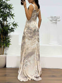 Elegant Watercolor Floral Ruched High Slit Maxi Dress
