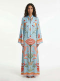 Azure Dream Printed Tie Neck Maxi Dress