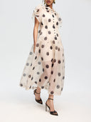 Elegant Polka Dot Organza Puff Sleeve Midi Dress