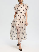 Elegant Polka Dot Organza Puff Sleeve Midi Dress