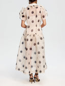 Elegant Polka Dot Organza Puff Sleeve Midi Dress