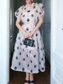 Elegant Polka Dot Organza Puff Sleeve Midi Dress