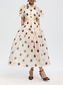 Elegant Polka Dot Organza Puff Sleeve Midi Dress