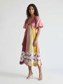 Colorful Panel Puff Sleeve Midi Dress