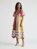 Colorful Panel Puff Sleeve Midi Dress