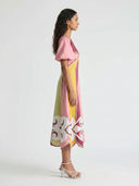 Colorful Panel Puff Sleeve Midi Dress
