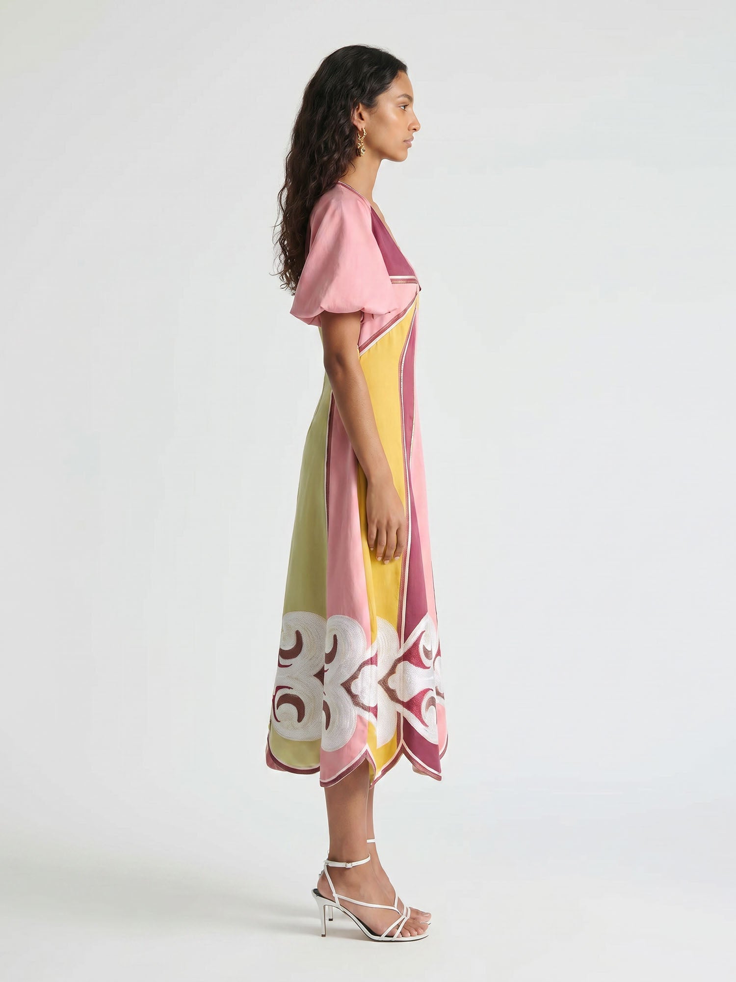Colorful Panel Puff Sleeve Midi Dress
