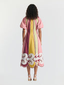 Colorful Panel Puff Sleeve Midi Dress
