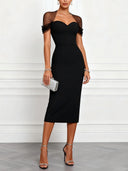 Elegant Sweetheart Neck Mesh Sleeve Bodycon Midi Dress