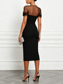 Elegant Sweetheart Neck Mesh Sleeve Bodycon Midi Dress
