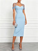 Elegant Sweetheart Neck Mesh Sleeve Bodycon Midi Dress