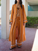 Casual Striped Lace-Up Top & Wide-Leg Pants Two-Piece Set