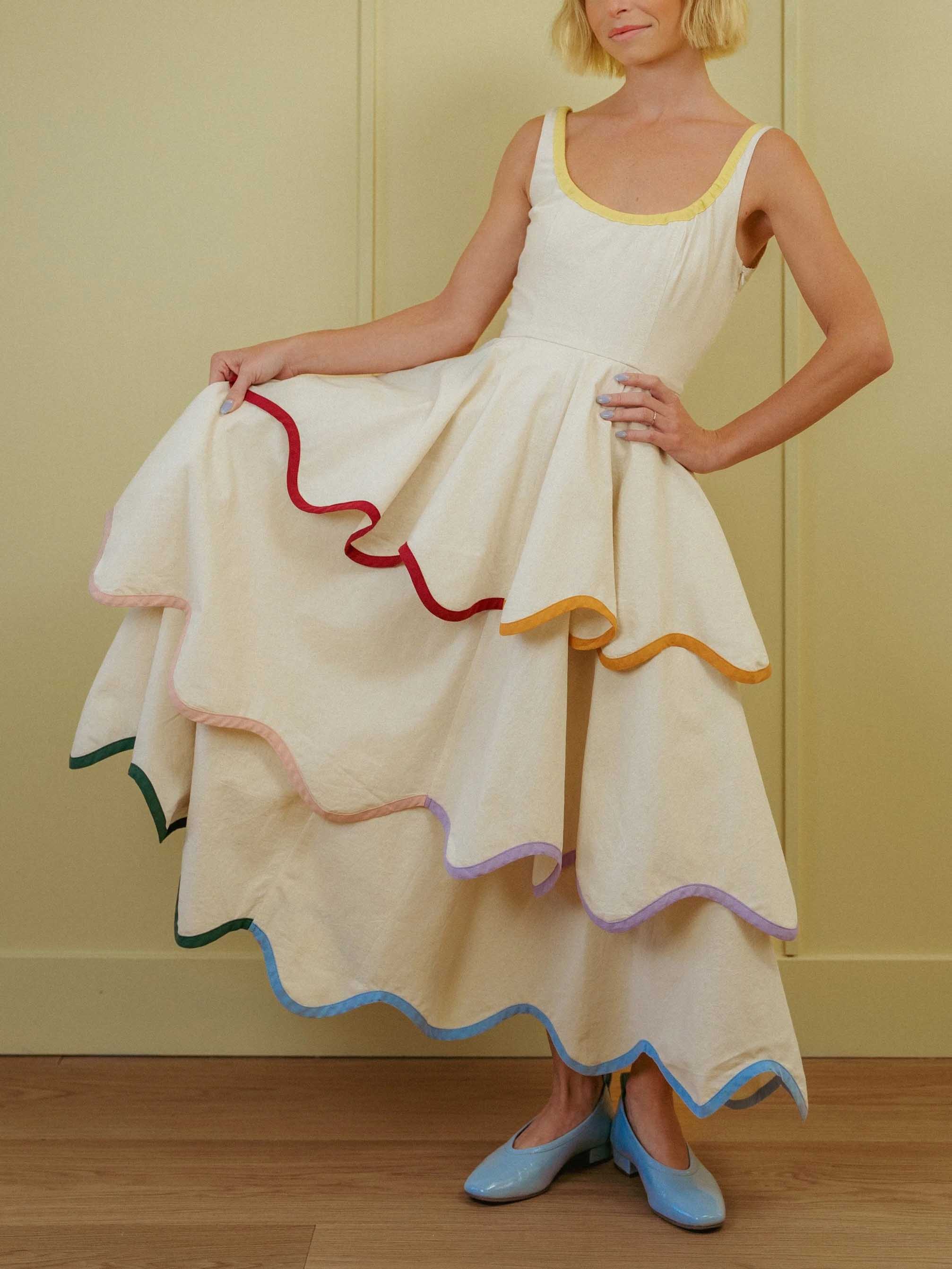Elegant Color Trim Tiered Ruffle Sleeveless Maxi Dress