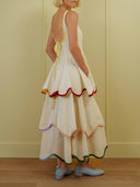 Elegant Color Trim Tiered Ruffle Sleeveless Maxi Dress