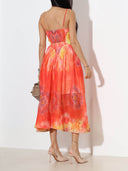 Elegant Flame Gradient Tie-dye Print Flowing Midi Dress