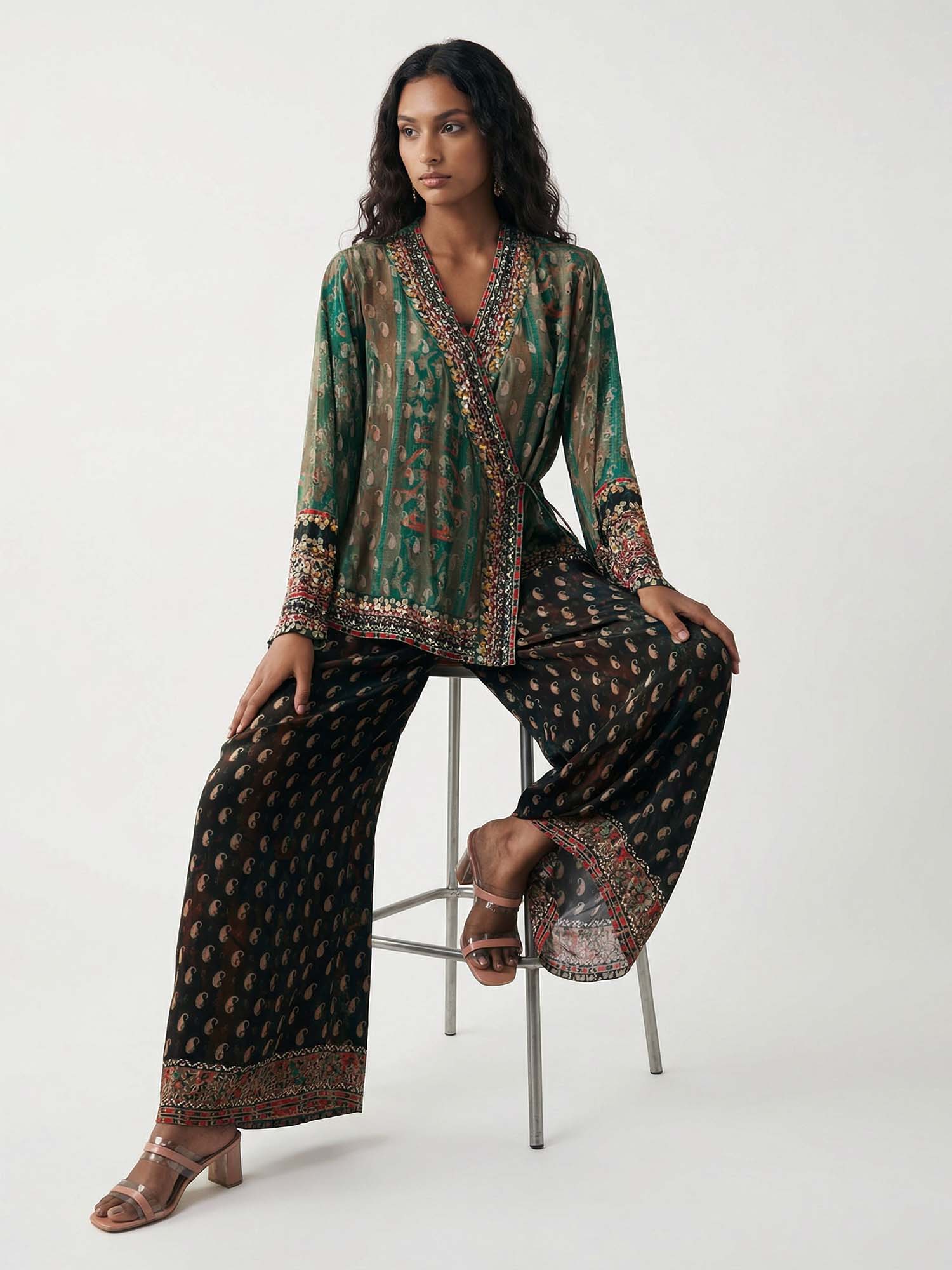 Vintage Green Paisley Print Veil Pants