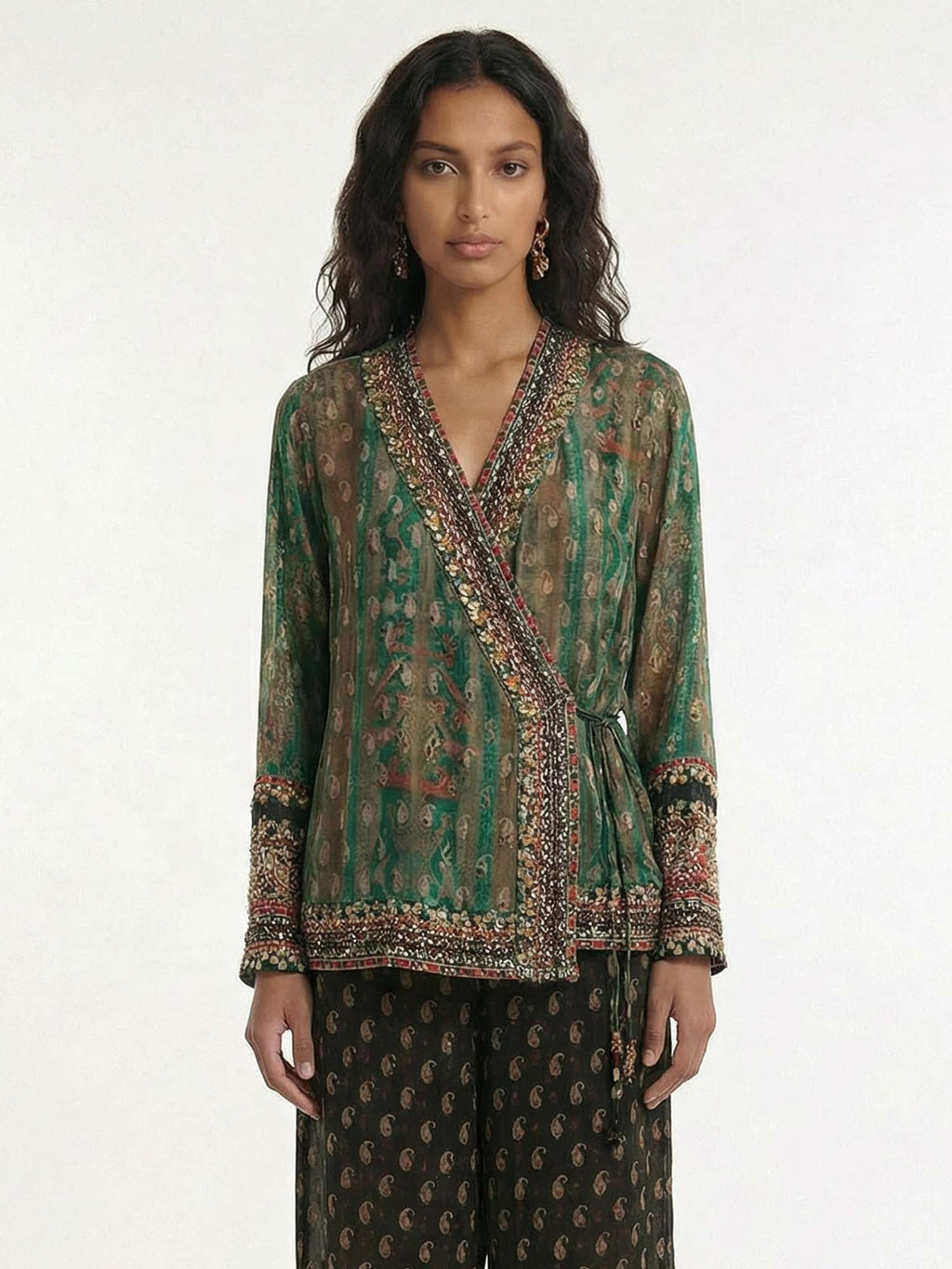 Vintage Green Paisley Print Tie-Waist Shirt