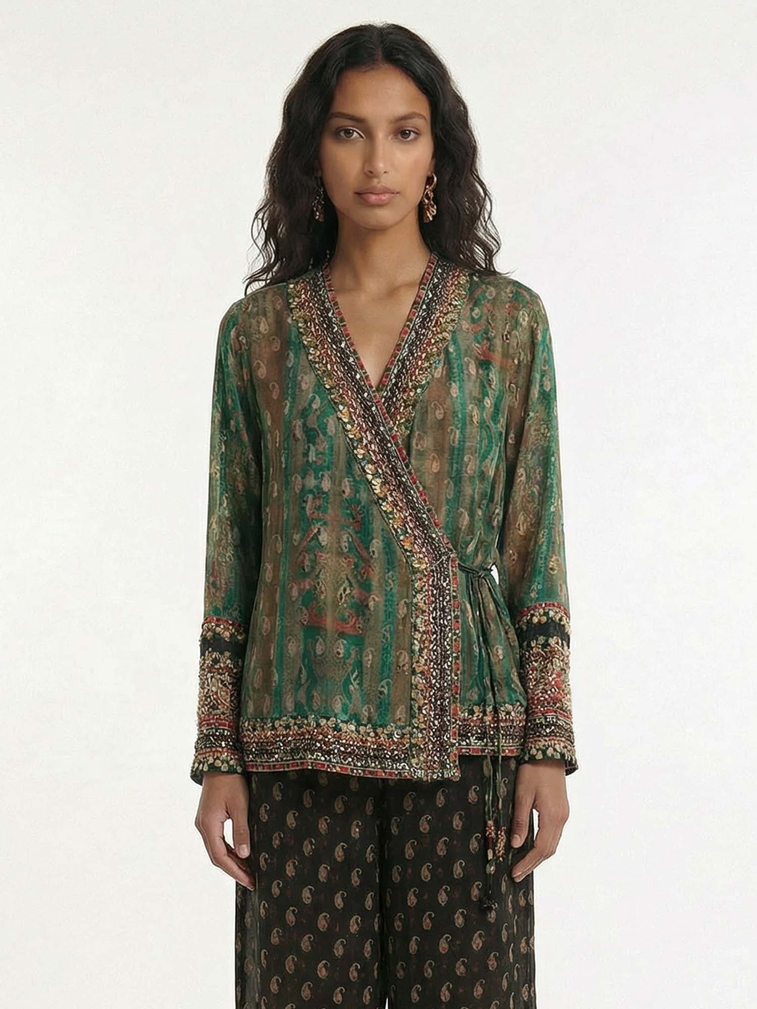Vintage Green Paisley Print Tie-Waist Shirt