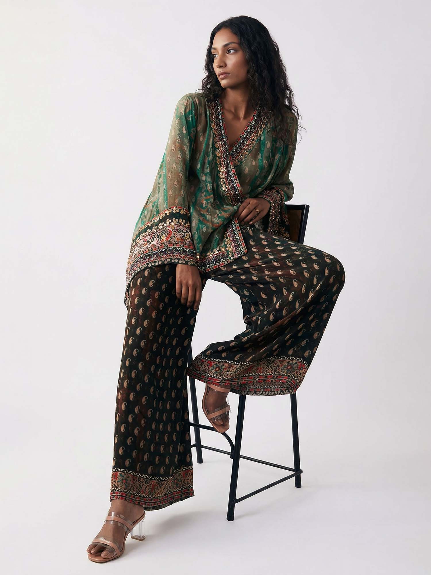 Vintage Green Paisley Print Tie-Waist Shirt
